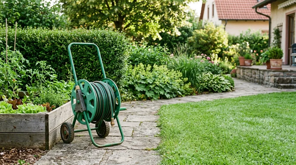 Schlauchwagen mit aufgewickeltem Gartenschlauch auf einem gepflasterten Gartenweg neben dem Rasen