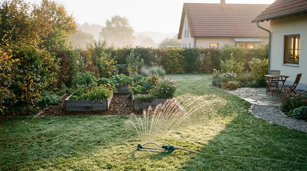 Rasen in einem Hausgarten wird am frühen Morgen gewässert, Sprühnebel im Gegenlicht