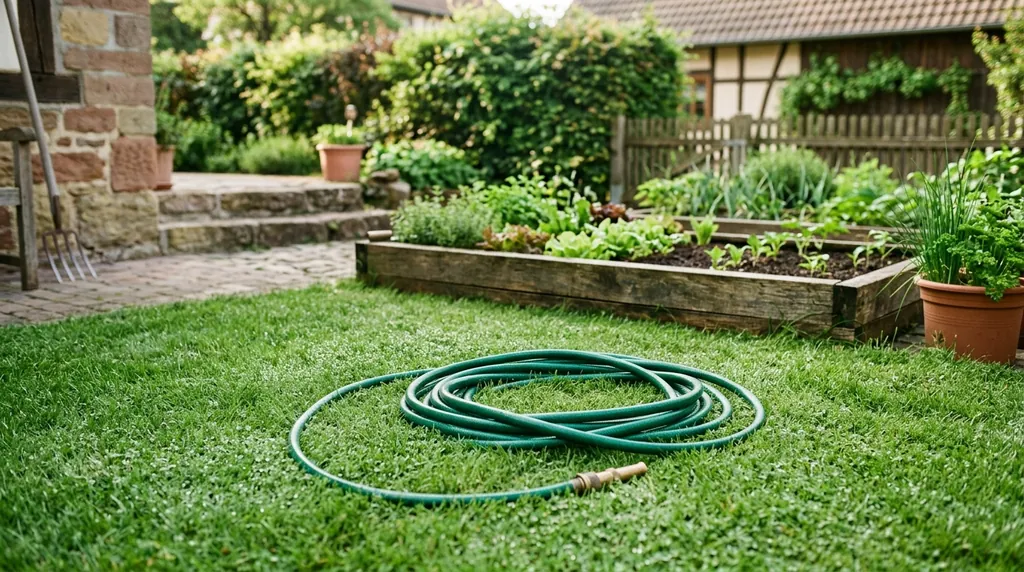Grüner Gartenschlauch locker aufgerollt auf frisch gewässertem Rasen, im Hintergrund ein Hochbeet